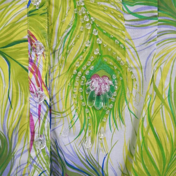 Nanette Lepore Peacock Print Top Women 2 White Boho Unique Artsy Creative Whimsy - Picture 10 of 16